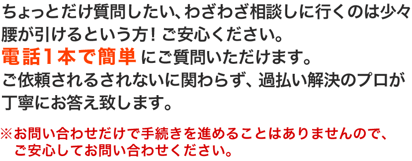 クイック相談　ちょっとだけ質問したい、わざわざ相談しに行くのは少々腰が引けるという方！ご安心ください。
電話１本で簡単にご質問いただけます。ご依頼されるされないに関わらず、過払い解決のプロが丁寧にお答え致します。※お問い合わせだけで手続きを進めることはありませんので、ご安心してお問い合わせください。